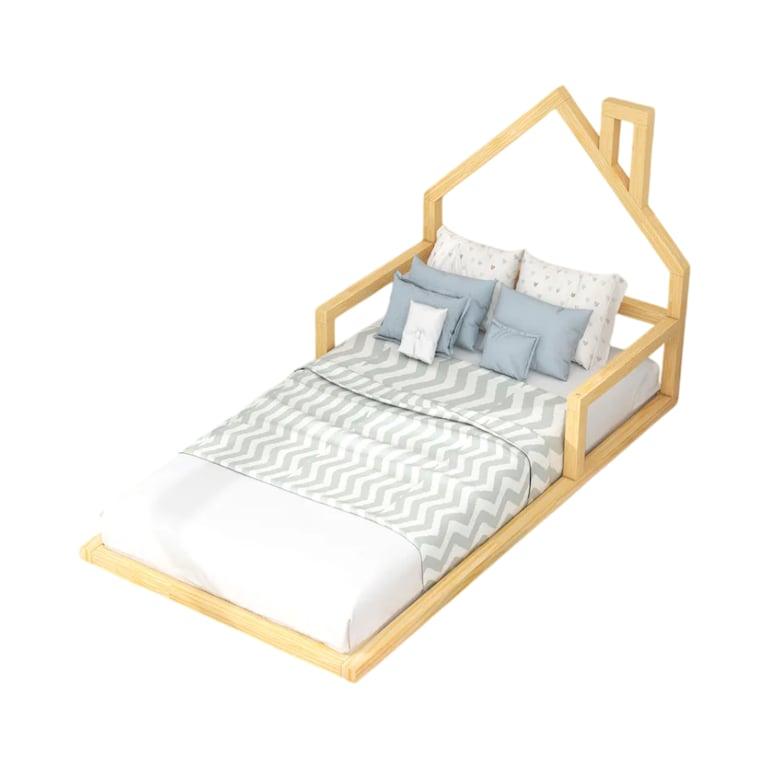 Montessori Bed Bath & Beyond Houten Tweelingvloerbed met Huisvormig Hoofdbord Naturel