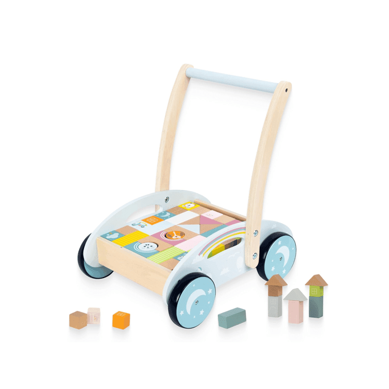 Montessori Woodenfun Houten Duwloopwagen Met Bouwstenen