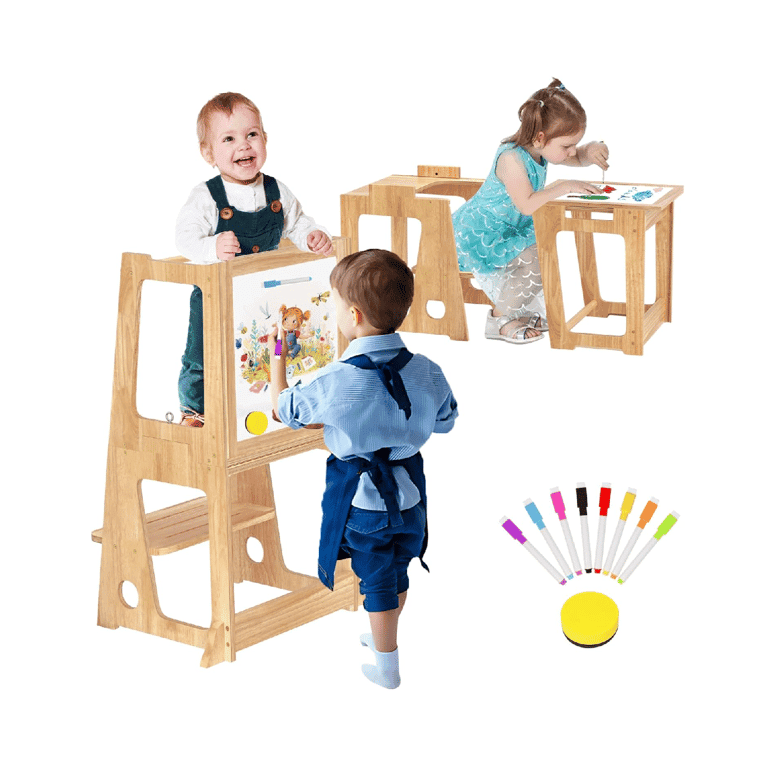 Montessori BueDeHai 4-in-1 Leertoren met Whiteboard Naturel