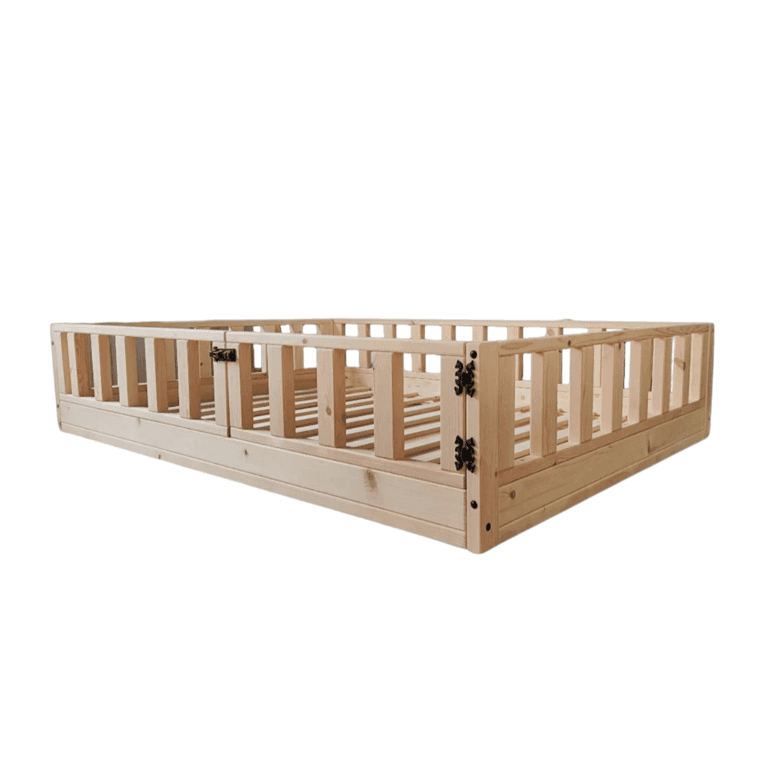 Montessori Rustic Made Decor Floor Bed With Rails and Gate Full Size