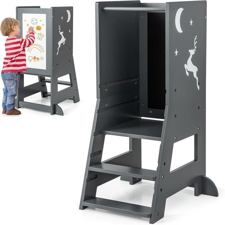 Montessori GYMAX Kitchen Toddler Helper Stand With Chalkboard & Whiteboard Grey