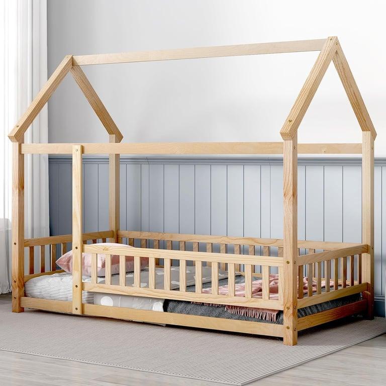 Montessori Tatub Tweepersoons Huis Vloerbed Met Relingen Naturel