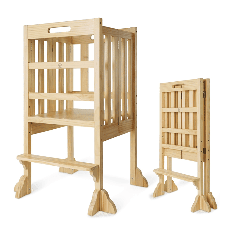 Montessori WOOD CITY Opvouwbare Keuken Helper Opstapkruk Natuurlijk