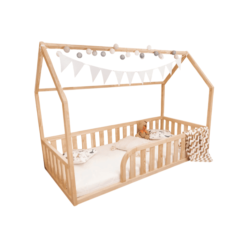 Montessori MandreleKids Tweepersoons Huis Vloerbed Naturel met Afgeronde Opening