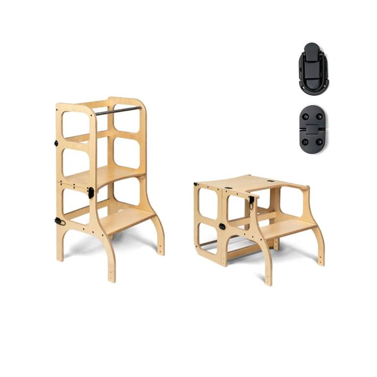 Montessori Ette Tete STEP'n'SIT® Helper Toren-Tafel Omvormbaar 2-in-1 Hout met Zwarte Slotjes