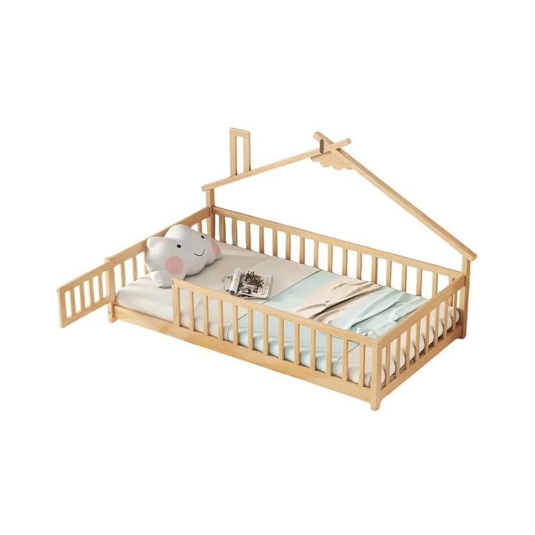 Montessori Bed Bath & Beyond Houten Tweeling Huis-Vormig Vloerbed Met Reling Natuurlijk