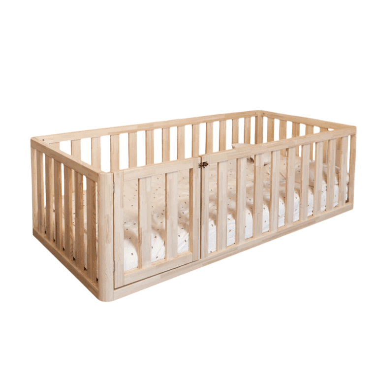 Montessori MandreleKids Full Size Hoge Vloerbed Naturel Met Afgeronde Buitenhoeken