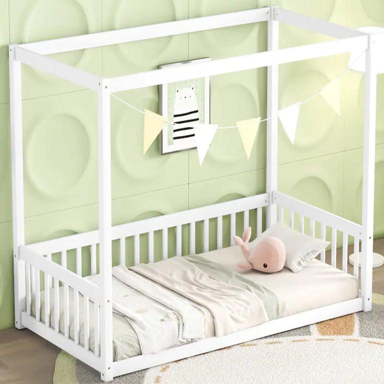 Montessori Bed Bath & Beyond Houten Twin Vloerbed Canopy-Frame met Hek en Reling Wit