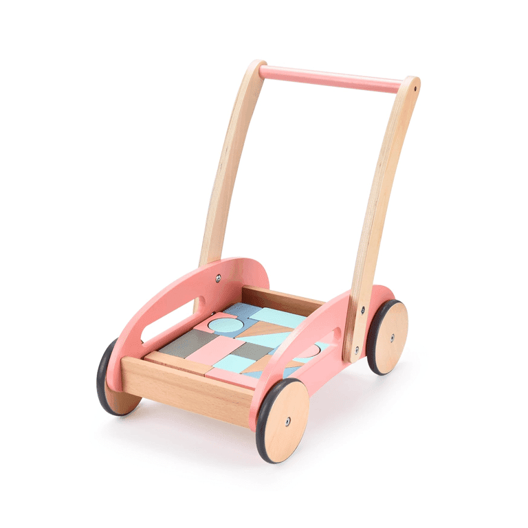 Montessori Childlike Behavior Houten Duwloopwagen Met Bouwstenen Roze