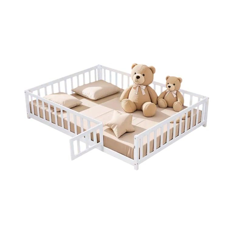 Montessori Bed Bath & Beyond Houten Vloerbedden Met Hek Vormige Reling, Latten en Deur Wit