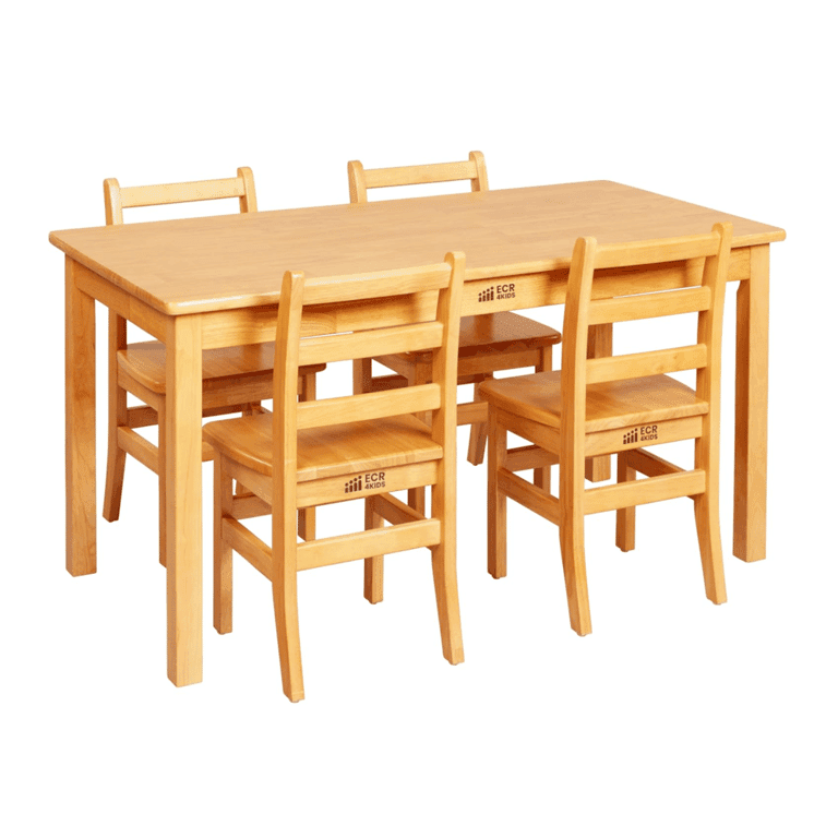 Montessori ECR4Kids Rechthoekige Hardhouten Tafel met Poten van 60,96 cm en Vier Stoelen van 35,56 cm