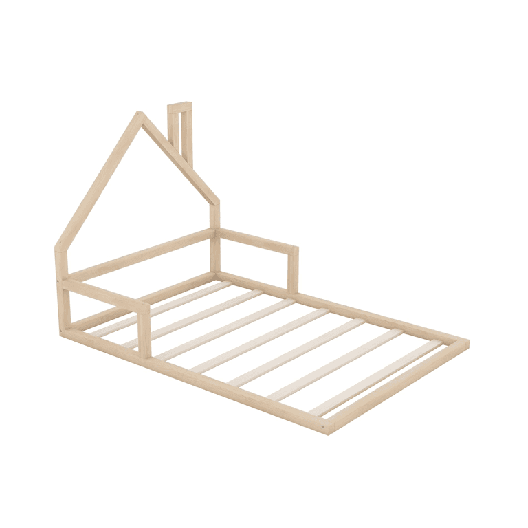 Montessori Meritline Tweepersoons Vloerbedframe met Huisvormig Hoofdbord Naturel