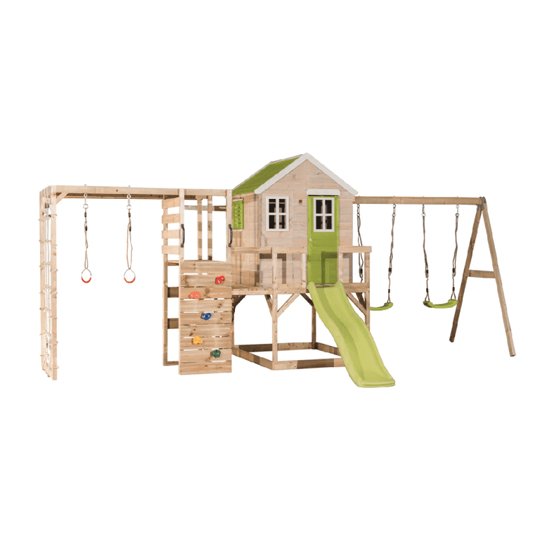 Montessori Wendi Toys My Lodge Schommelset Met Platform, Glijbaan, Dubbele Schommel en Gymbevestiging Limoen