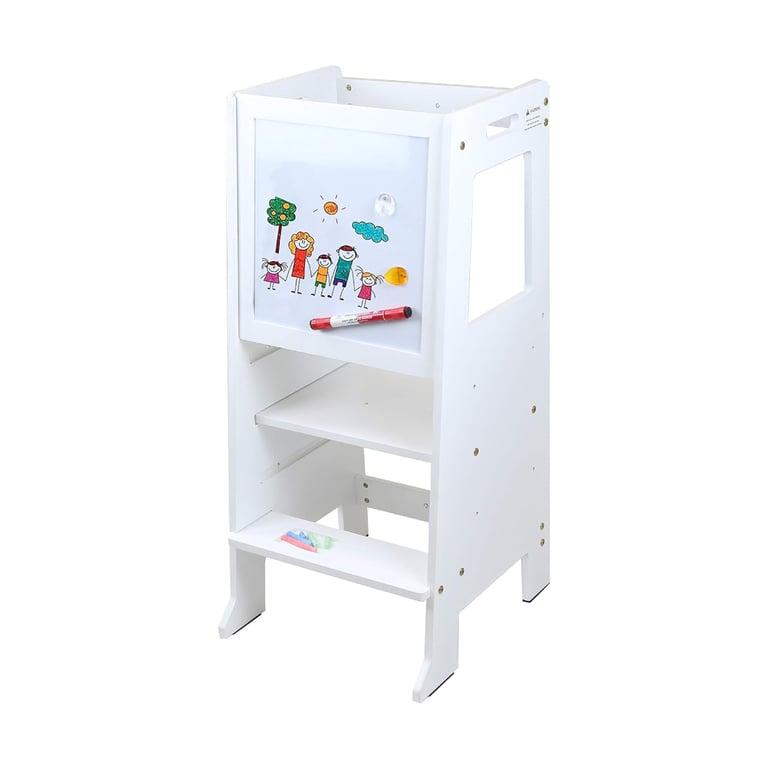 Montessori Clevr Kids Keuken Opstapkrukje met Zwart-Wit Magnetisch Activiteitenbord Wit