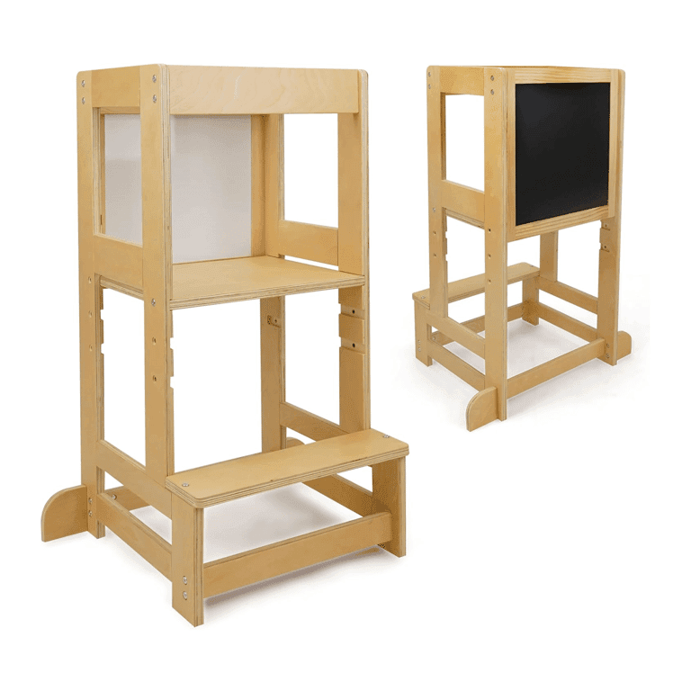 Montessori 509 Torro 2-in-1 Leertoren met Dubbelzijdig Zwart Krijtbord en Wit Droog Whiteboard Naturel