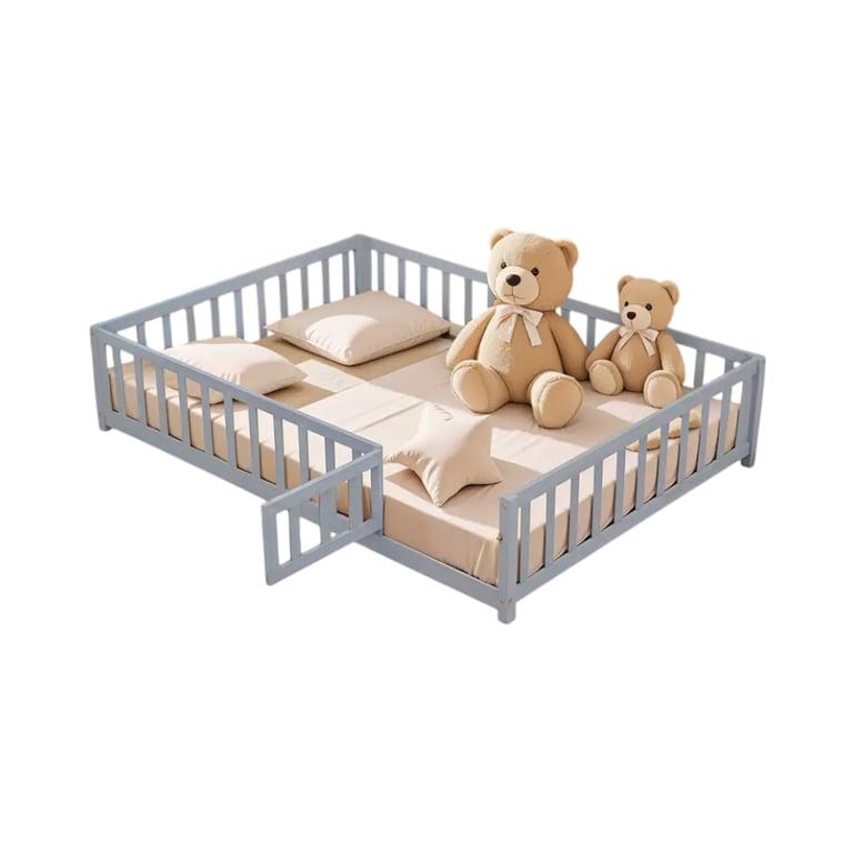 Montessori Bed Bath & Beyond Houten Vloerbedden Met Hekvormige Relingen, Latten en Deur Grijs