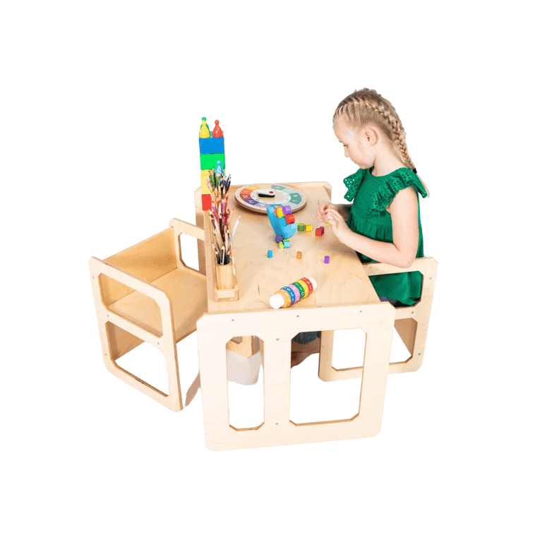 Montessori Montessori House Bed Speen Tafel en 2 Stoelen Set Gelakt