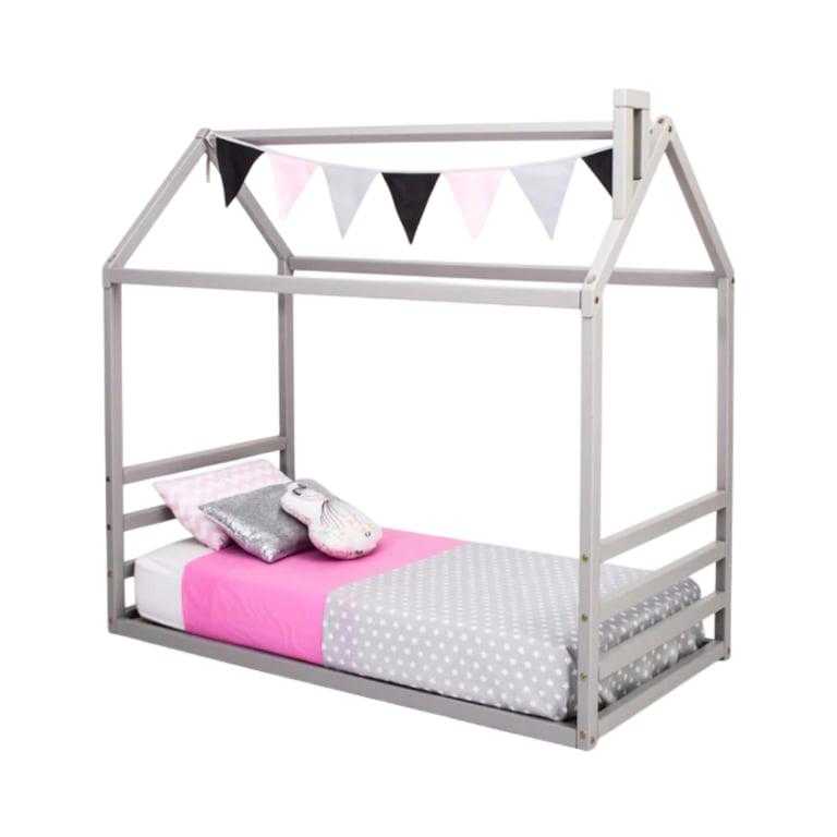 Montessori Sweet Home From Wood Huisvloer Bedframe met een Horizontaal Hoofdbord en Voetbord Eenpersoons Grijs