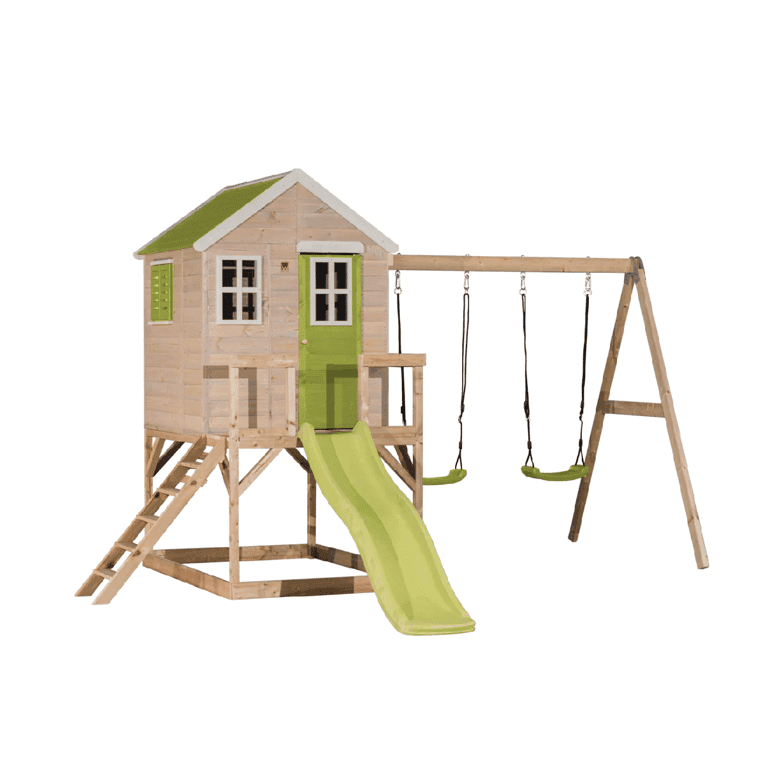 Montessori Wendi Toys Mijn Lodge Schommelset Met Platform, Glijbaan en Dubbele Schommel Limoen