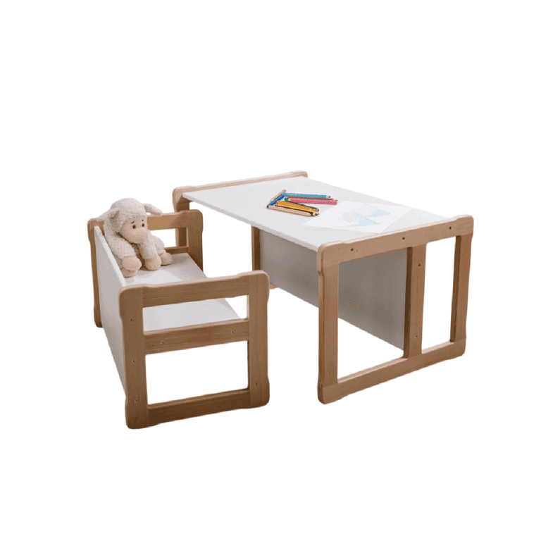 Montessori Woodjoy Grote Bank Tafel en Kleine Bank Stoel Set Wit