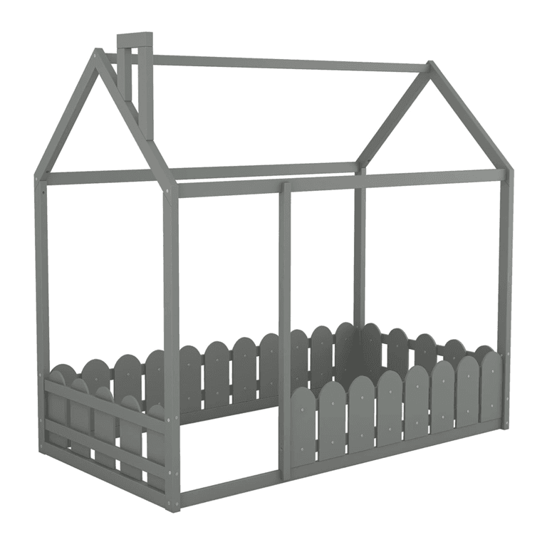 Montessori Meritline Eenpersoons Huis Vloerbed met Raam, Relingen en Dak Grijs