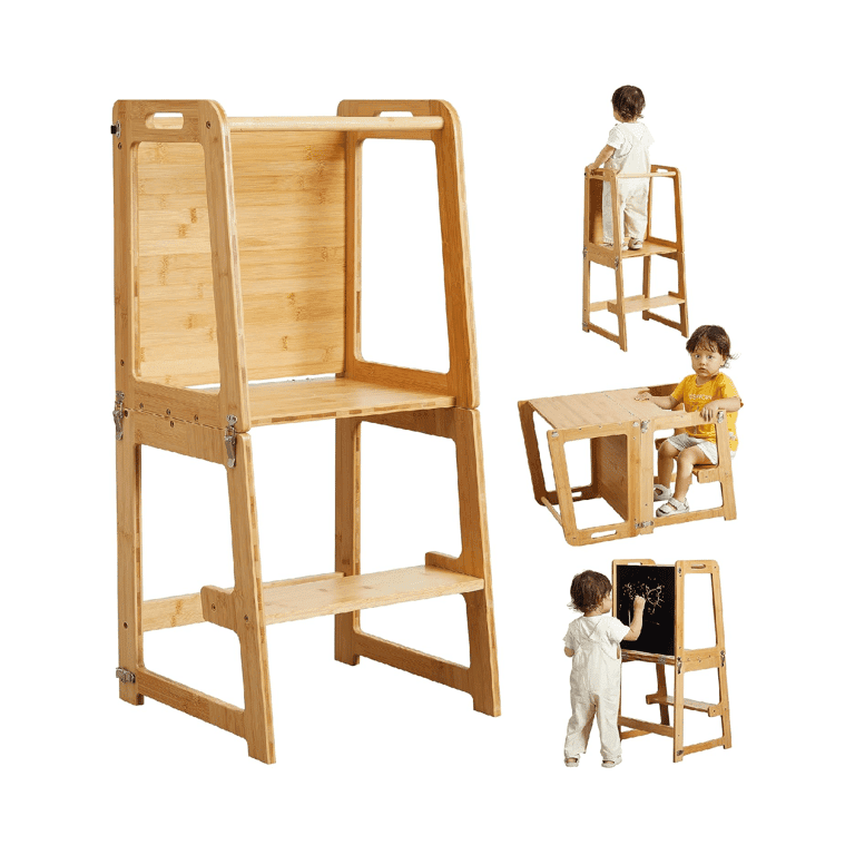 Montessori Onirw 4-in-1 Omvormbare Leertoren met Krijtbord Naturel