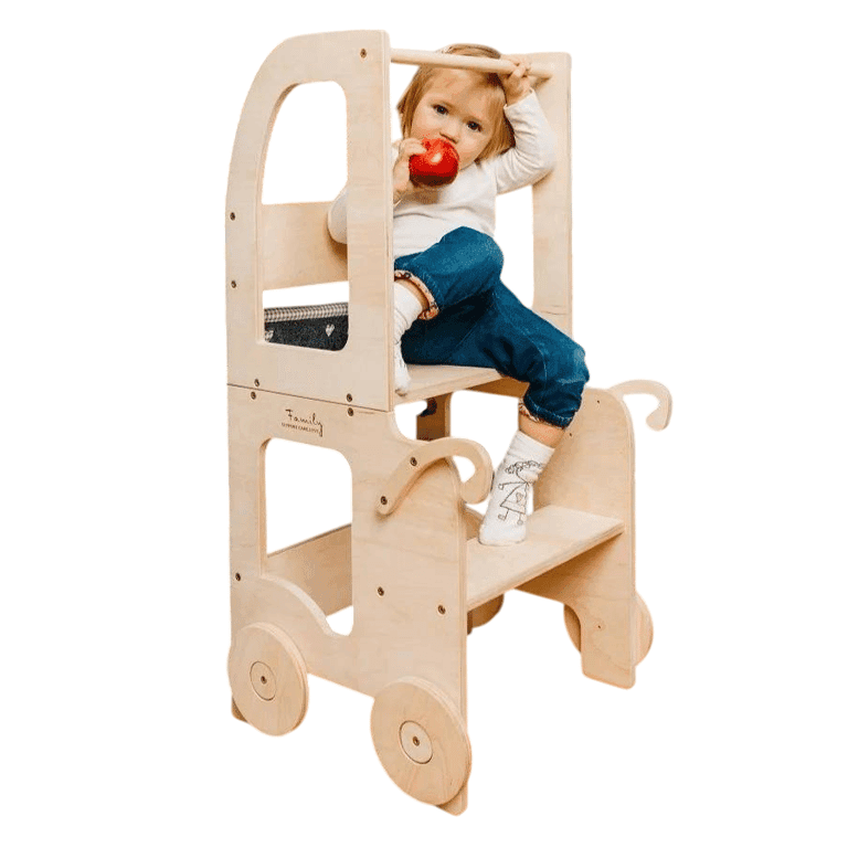 Montessori The Learning Tower Company de Wheely Fun Ombouwbare Leertoren Trolley-Natuurlijk Hout Gecoat