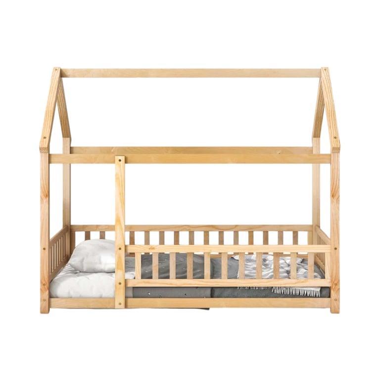 Montessori Mercer41 Twin Floor Wooden Bed With House Roof Frame and Fence Guardrails Natural