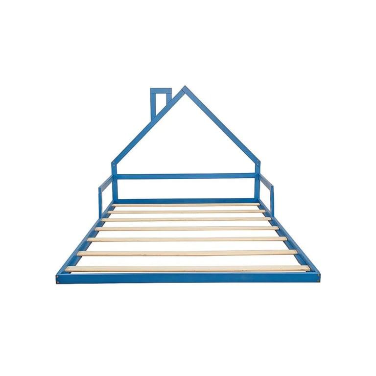 Montessori Bedzy Dennenhout Huisvormig Tweepersoons Vloerbed Blauw