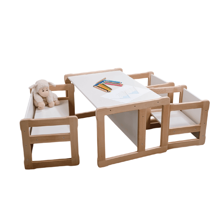 Montessori Woodjoy Grote Tafel Met Klein Bankje en Twee Stoelen Wit