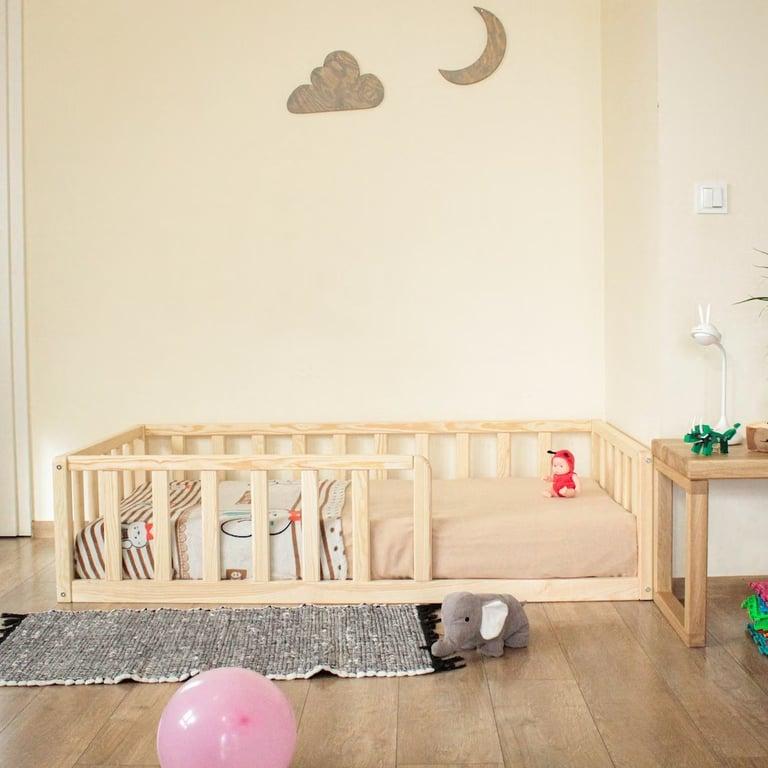 Montessori Holly Molly Wood Vloerbed met Latten en Rails, Afgeronde Hoeken Eenpersoons Natuurlijk