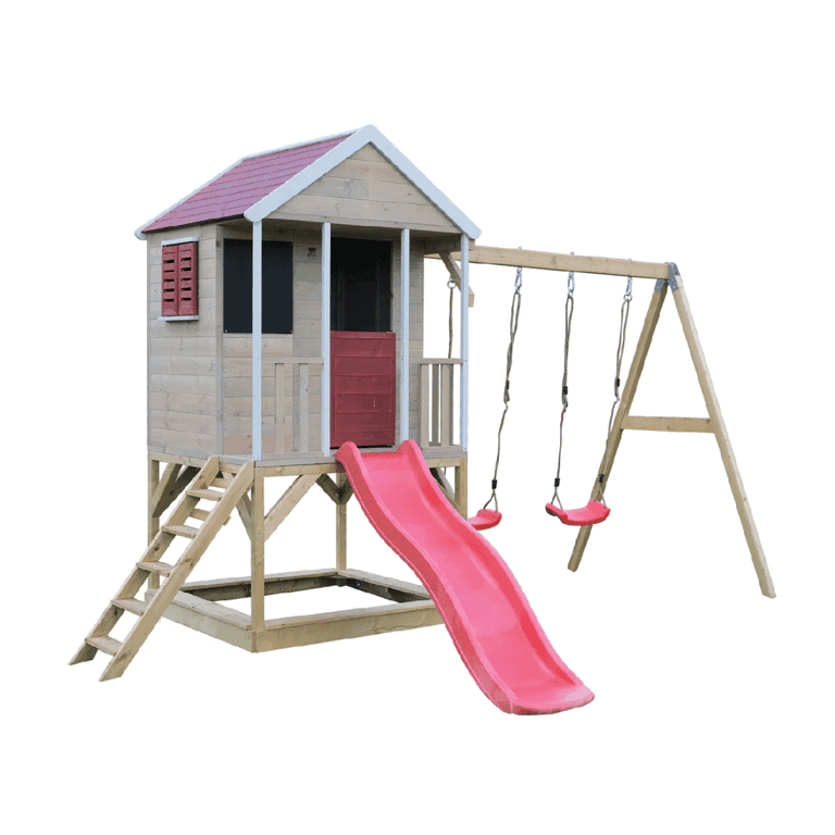 Montessori Wendi Toys Zomeravontuur Schommelset Met Platform, Glijbaan en Dubbele Schommel Rood