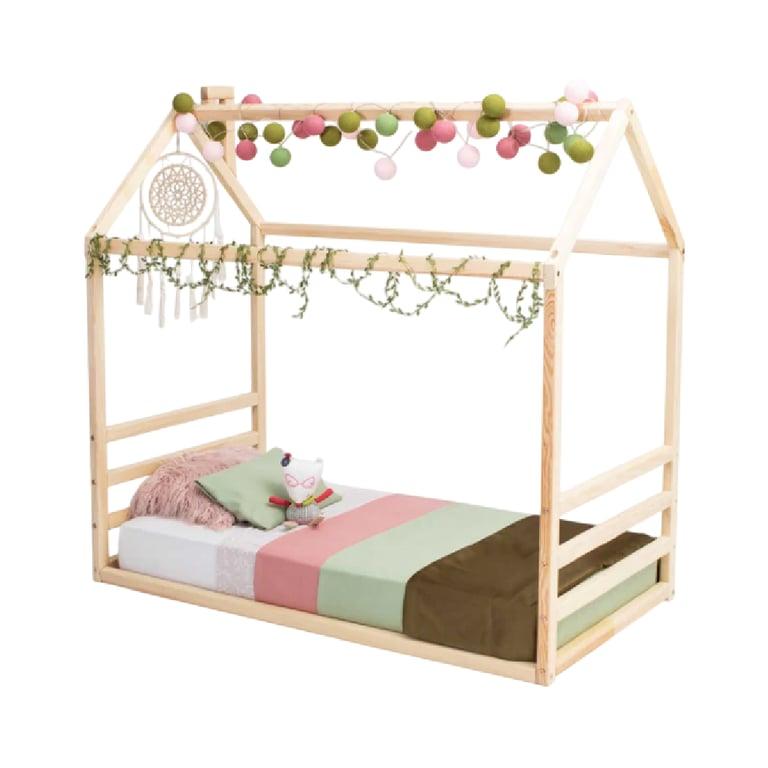 Montessori Sweet Home From Wood Huisvloer Bedframe met een Horizontaal Hoofdbord en Voetbord Eenpersoons Ongeverfd Berkenhout