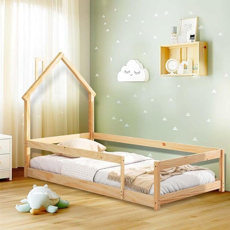 Montessori Tatub Twin Size Wooden House-Shaped Floor Bed With Fence