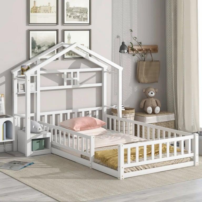 Montessori Harper Orchard Abbagale Wooden Twin Floor Bed With House-Style Headboard and Stand White