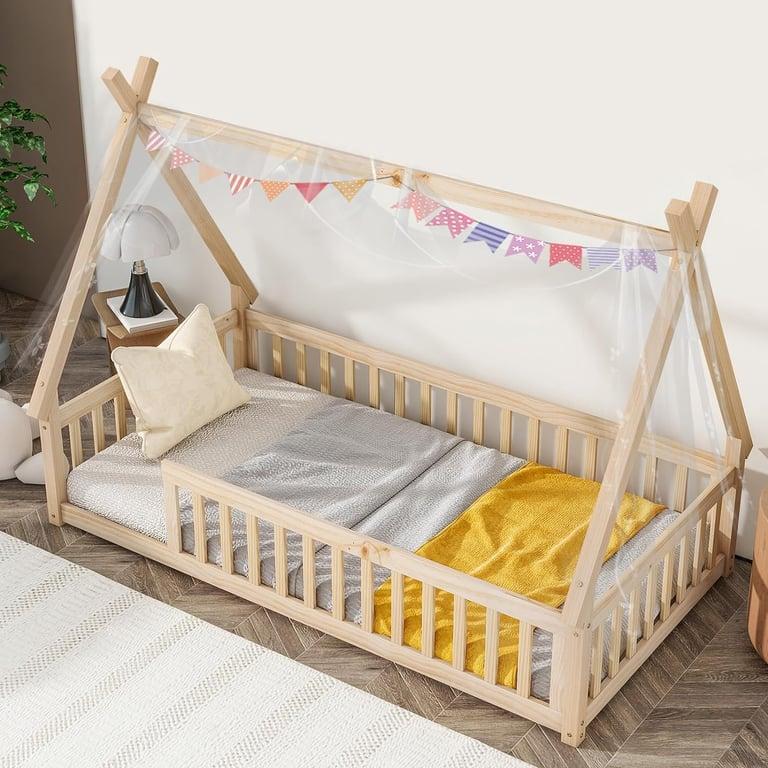 Montessori Tatub Twin Teepe Vloerbed Omranding Met Relingen Zonder Deur Naturel