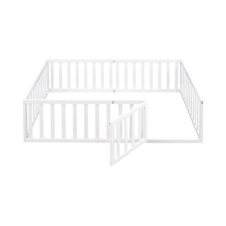 Montessori Okak Full Size Floor Bed With Safety Guardrails and Slats White