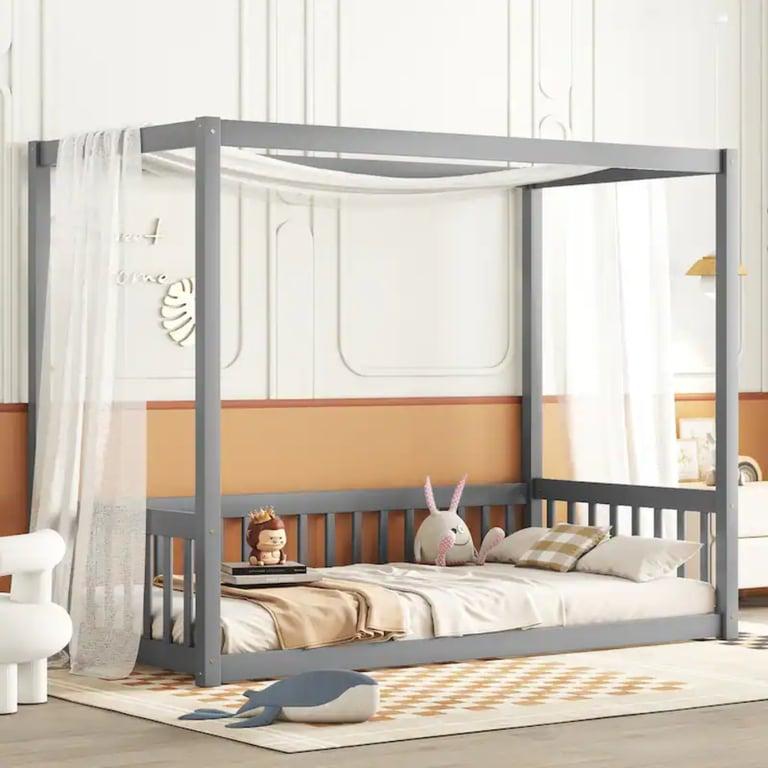 Montessori Bed Bath & Beyond Houten Twin Vloerbed CanopyFrame met Hek en Reling Grijs