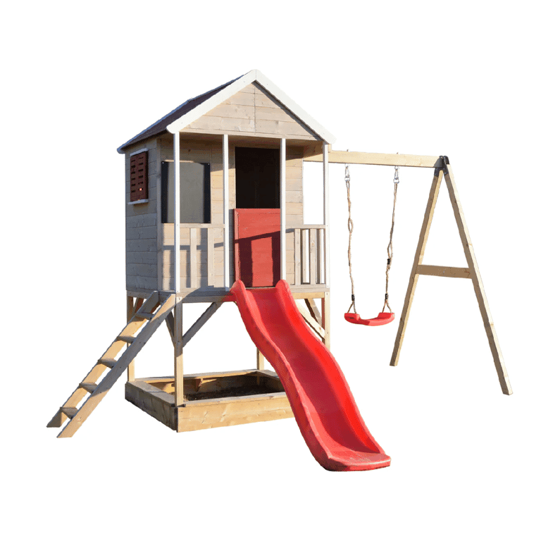 Montessori Wendi Toys Zomeravontuur Schommelset Met Platform, Glijbaan en Enkele Schommel Rood