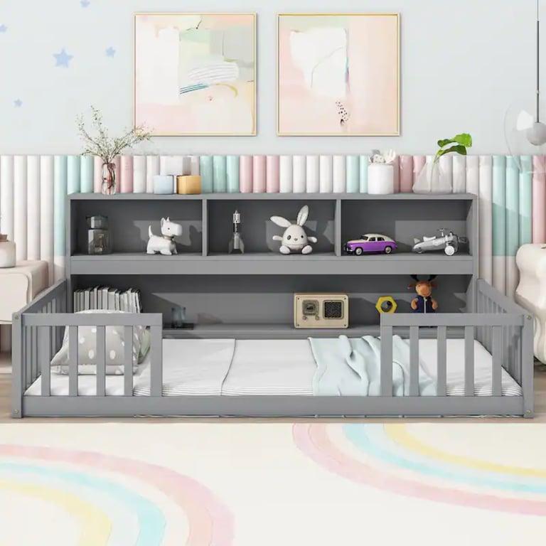 Montessori Bed Bath & Beyond Twin Vloerbed Met Boekenkast en Veiligheidsrelingen Grijs