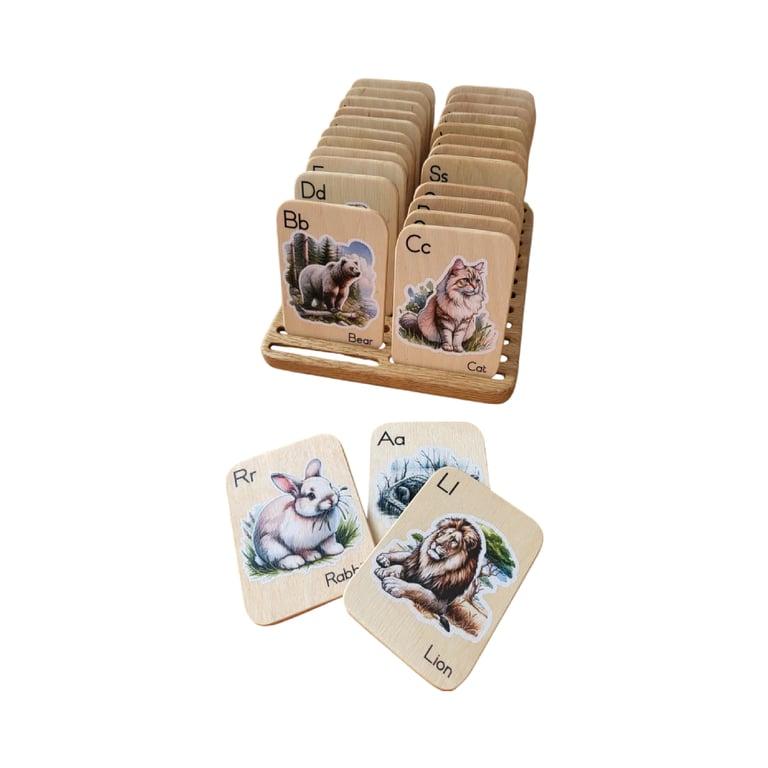 Montessori THREEWOOD Montessori Wooden Alphabet Flash Cards With Animals Pictures Learning Letters Cards With Holder