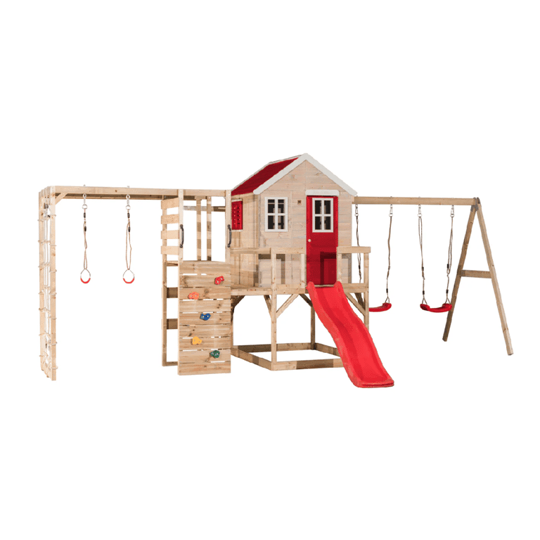 Montessori Wendi Toys My Lodge Schommelset Met Platform, Glijbaan, Dubbele Schommel en Gymbevestiging Rood