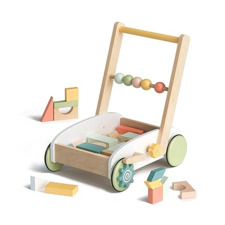 Montessori ROBUD Houten Baby Loopwagen met Bouwstenen Wit