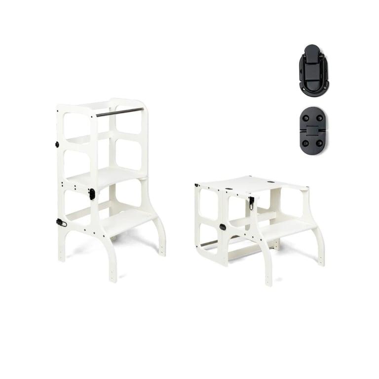 Montessori Ette Tete STEP'n'SIT® Omvormbare Hulptoren en Tafel 2-in-1 Wit met Zwarte Slotjes