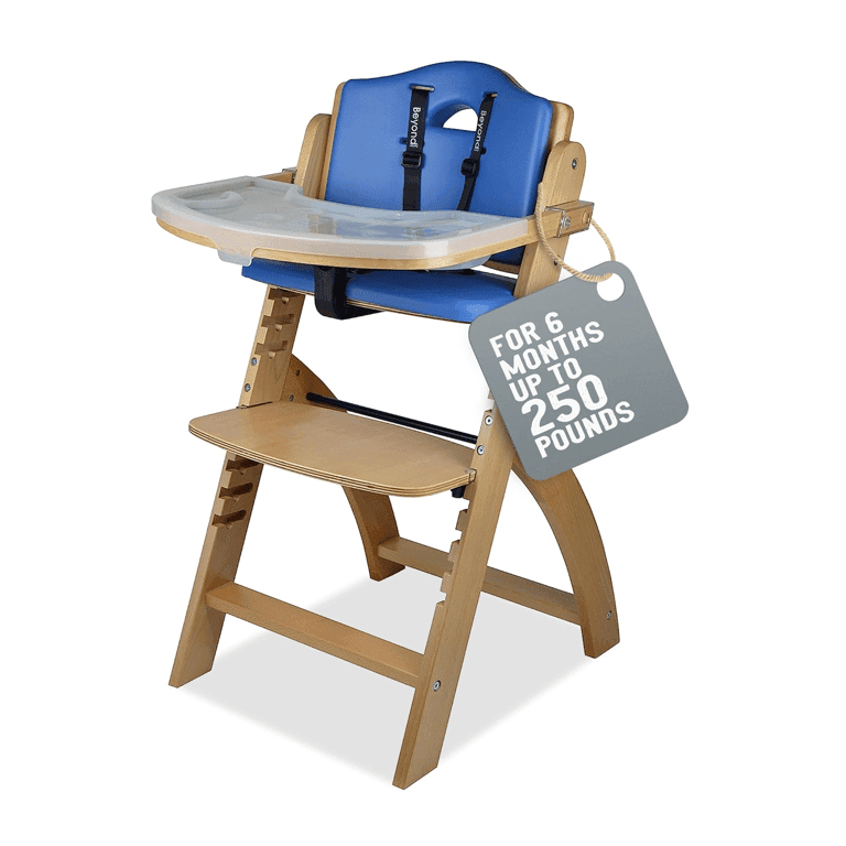 Montessori Abiie Beyond Junior Cabrio Houten Hoge Kinderstoel Natuurlijk Hout Blauw Kussen