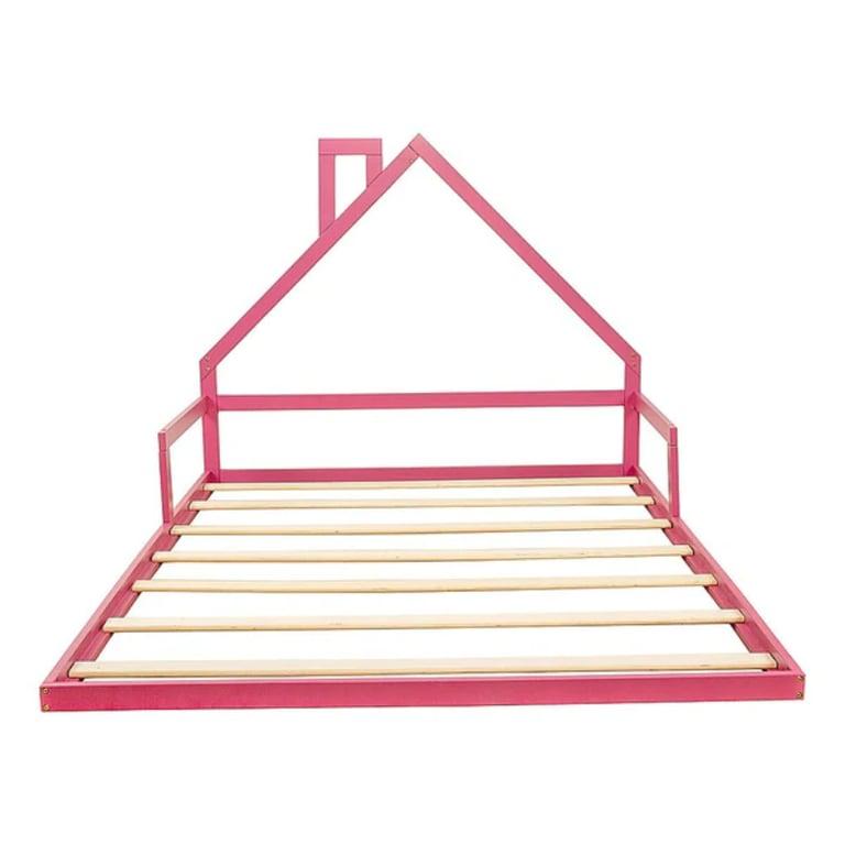 Montessori Bedzy Dennenhout Huisvormig Tweepersoons Vloerbed Roze