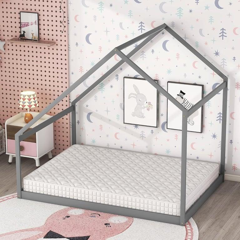 Montessori Merax Tweepersoons Bedframe met Dak Grijs