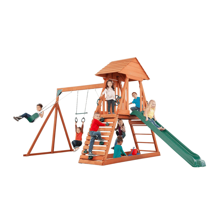 Montessori Creative Cedar Het Houten Chalet Achtertuinspeeltuin met 2 Riemschommels, Trapeze, Zandbak, Glijbaan en Klimmuur