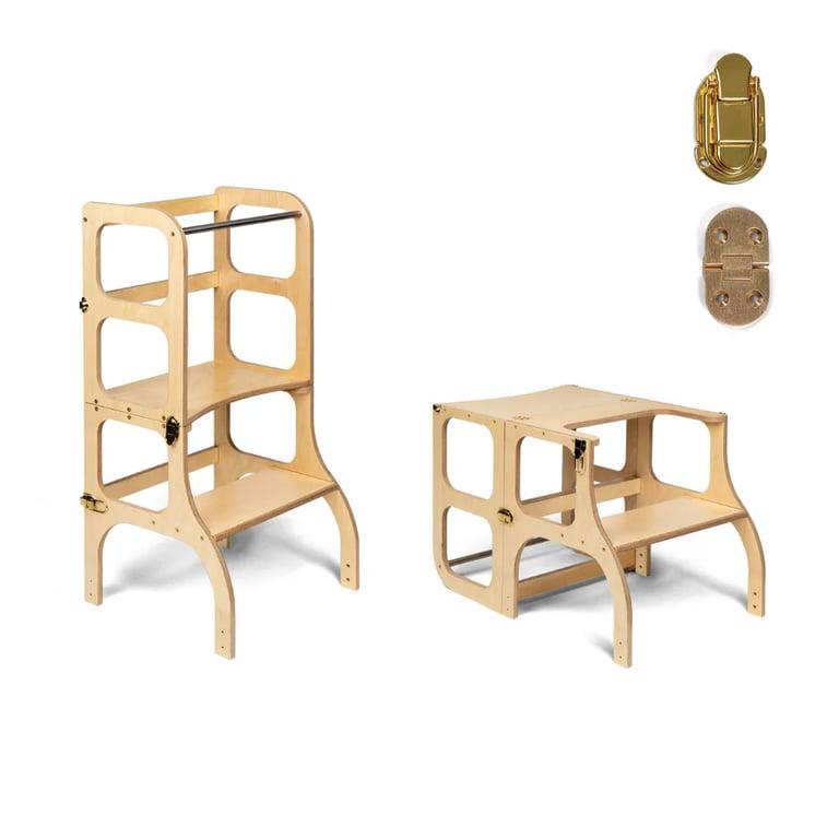 Montessori Ette Tete STEP'n'SIT® Omvormbare Hulptoren en Tafel 2-in-1 Hout Met Gouden Slotjes