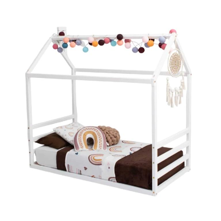 Montessori Sweet Home From Wood Huis Vloerbed Reling met Horizontaal Hoofdbord en Voetbord Eenpersoons Wit